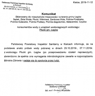 Komunikat Państwowego Powiatowego Inspektoratu Sanitarnego w Kielcach w sprawie wody.