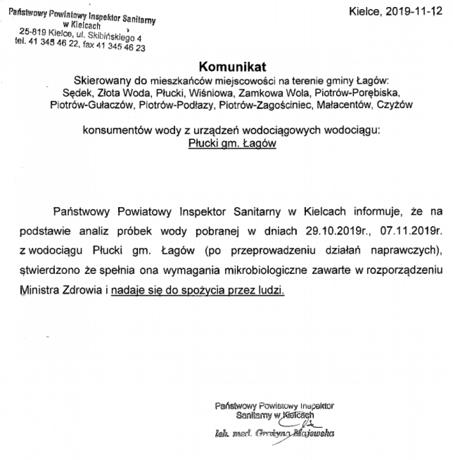 Komunikat Państwowego Powiatowego Inspektoratu Sanitarnego w Kielcach w sprawie wody.